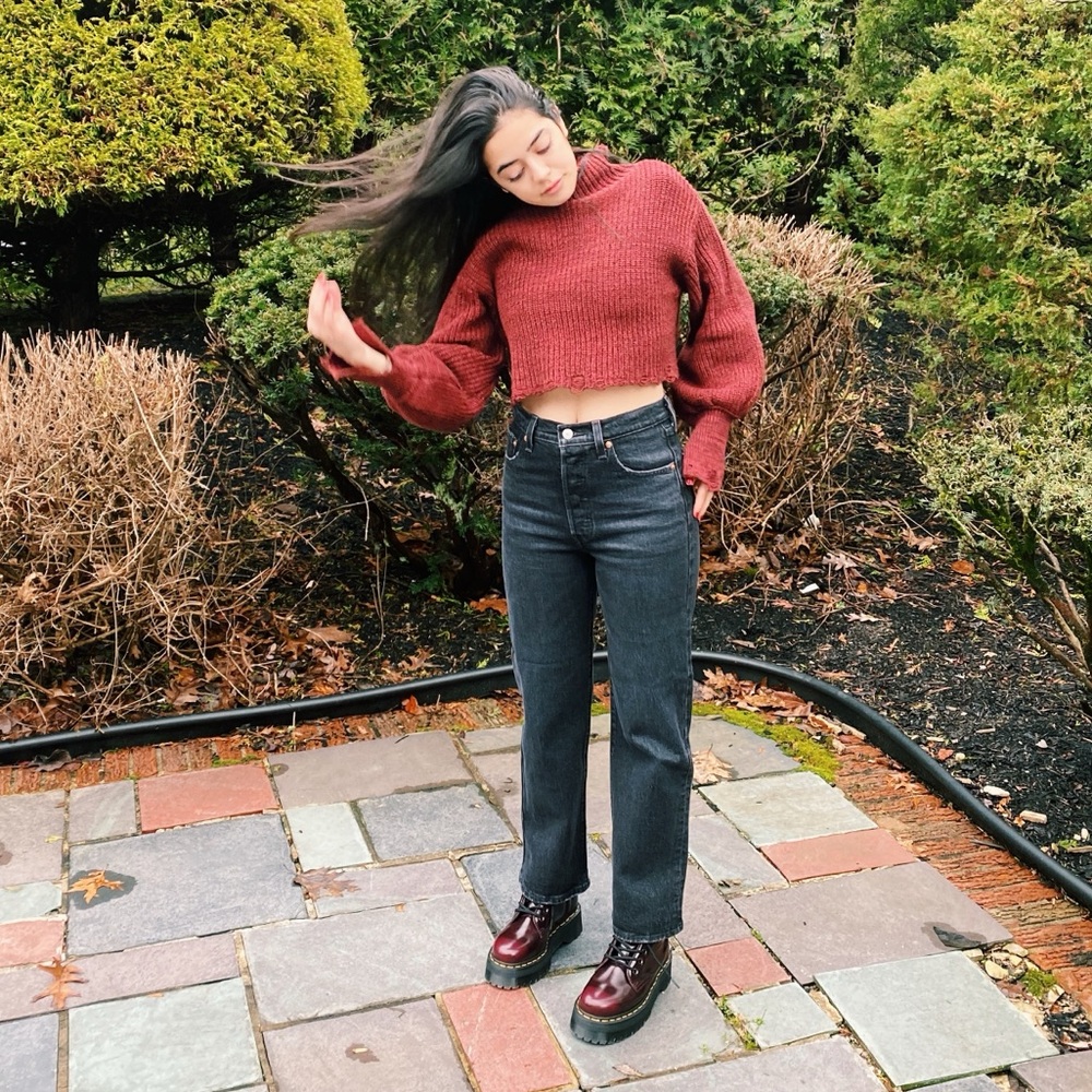Distressed Red Knit UO Turtle Neck Cropped Sweater